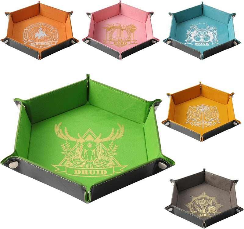 Grajar 6 Pcs DND Dice Tray with Characters Pattern for RPG D&D Table Games - Folding PU Leather and Velvet Rolling Holder Storage Box - Image 1
